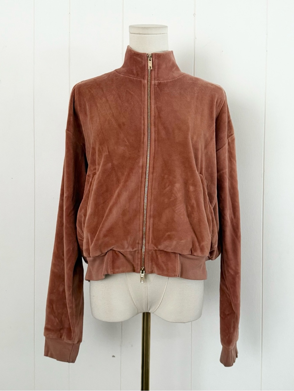 Suzie Kondi Velour Zip Up Cropped Track Jacket Medium Rust Color
